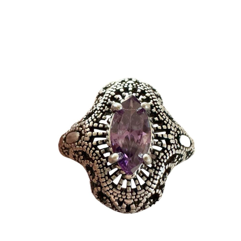 Silver 925 Amethyst Antique Eye Shaped Ring Size 8.5 - Picture 4 of 6